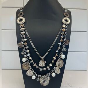 Vintage Boho 3 layer Silver Tone Necklace with Dangles of Shells and Beads